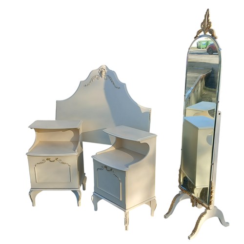 53 - A 4 PIECE CREAM AND GILT BEDROOM SUITE TO INCLUDE A PAIR OF BEDISDE CHESTS ,CHEVAL MIRROR AND A 3ft ... 