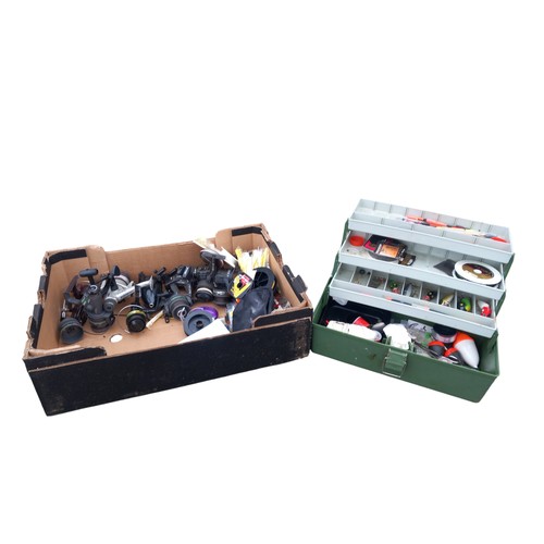 88 - A BOX OF FISHING REELS AND ACCESSORIES