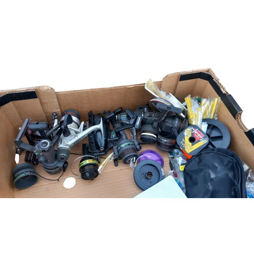 88 - A BOX OF FISHING REELS AND ACCESSORIES