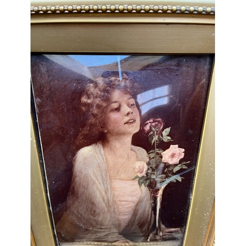 116 - A BUEATIFUL CRYSTOLEUM IN GIFT FRAME OF A LADY AND VASE OF ROSES