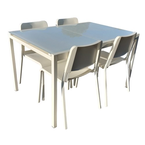 123 - AN IKEA WHITE GLASS EXTENDING TABLE AND 4 MATCHING CHAIRS