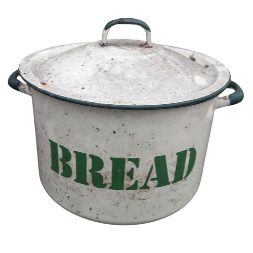 193 - AN ANTIUE CREAM AND GREEN ENAMEL BREADBIN