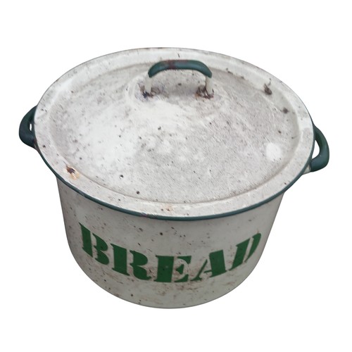 193 - AN ANTIUE CREAM AND GREEN ENAMEL BREADBIN