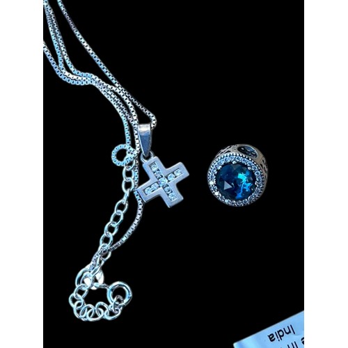 212 - A BLUE TOPAZ PANDORA CHARM WITH 2 SILVER NECKLACE