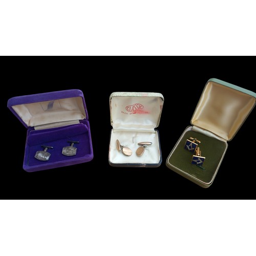 238 - 3 SETS OF CUFFLINKS IE 22ct GOLD PLATED, SET MASONIC AND A HALLMARKED SILVER