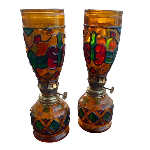 248 - PAIR OF AMBER GLASS OIL LAMPS