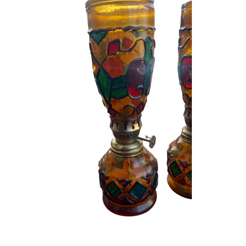 248 - PAIR OF AMBER GLASS OIL LAMPS