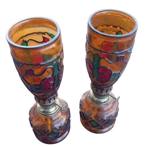 248 - PAIR OF AMBER GLASS OIL LAMPS