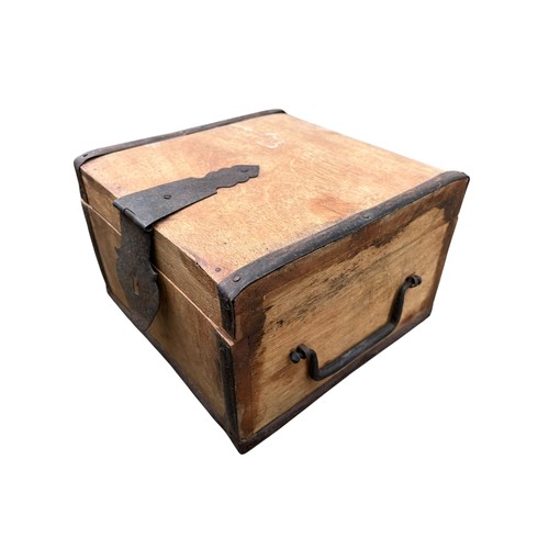 27 - A SMALL PINE BOX WITH METAL FITTINGS 8x8x5