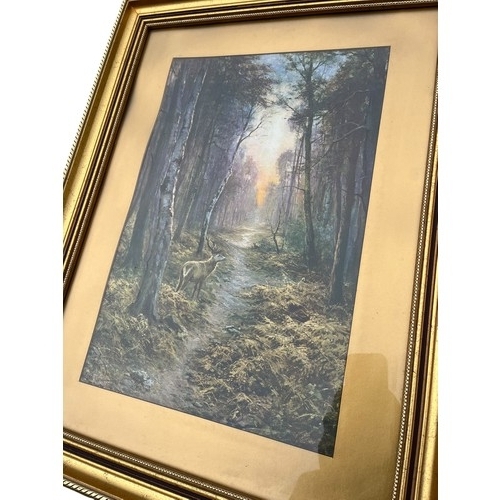 125 - 2 GOOD QUALITY ORNATE GILT FRAMED FOREST SCENE PRINTS 19x25