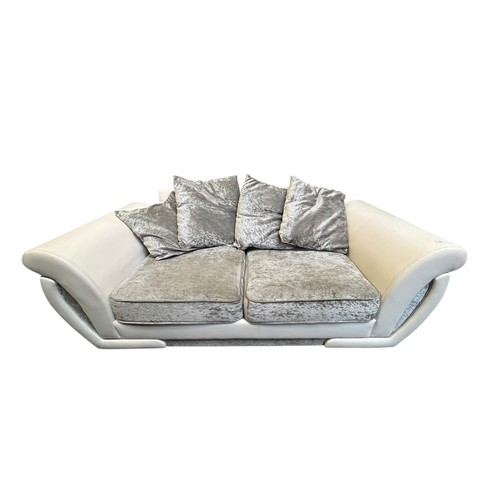 83 - A WHITE LEATHER AND CRUSHED VELVET FINISHED SOFA