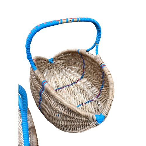 279 - 2 HIGH QUALITY WICKER BASKETS WITH UNIQUE BLUE TRIMS