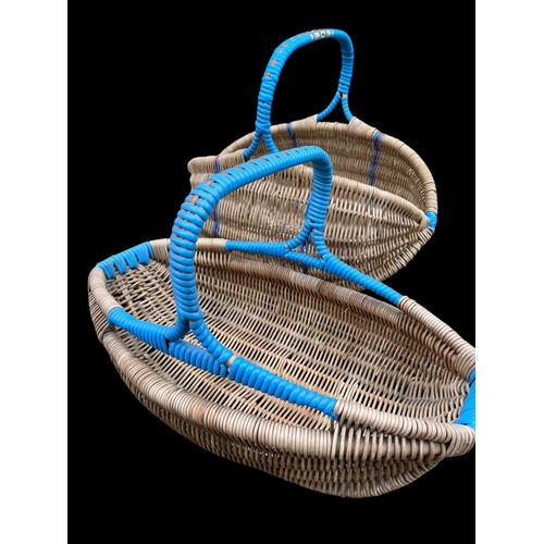 279 - 2 HIGH QUALITY WICKER BASKETS WITH UNIQUE BLUE TRIMS