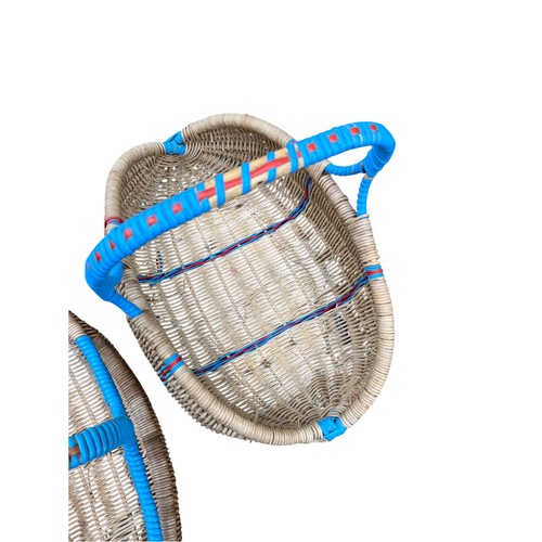 279 - 2 HIGH QUALITY WICKER BASKETS WITH UNIQUE BLUE TRIMS