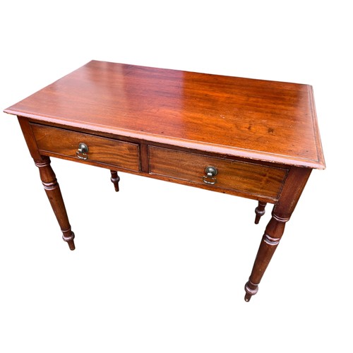 300 - A VICTORIAN MAHOGANY 2 DRAWER TABLE ON TURNED LEG