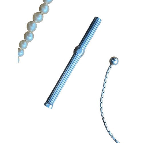 152 - A SILVER & OBALINE SHELL UMBRELLA BROOCH ,PEARL NECKLACE ,2 BRACELETS AND A SILVER TOOTH PICK