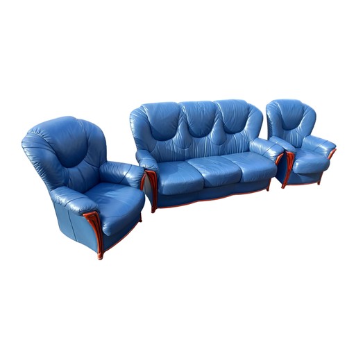 377 - A MAHOGANY FRAMED BLUE LEATHER 3 PIECE SUITE