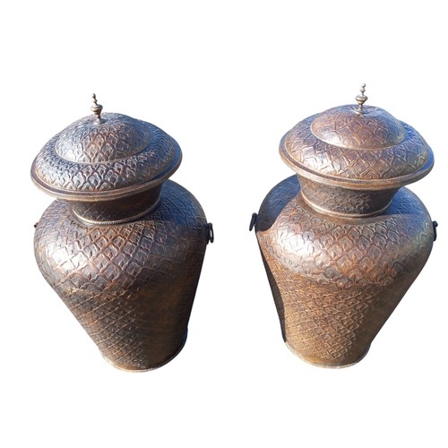 345 - PAIR OF LARGE METAL URNS WITH LIDS AND SIDE HANDLES 43