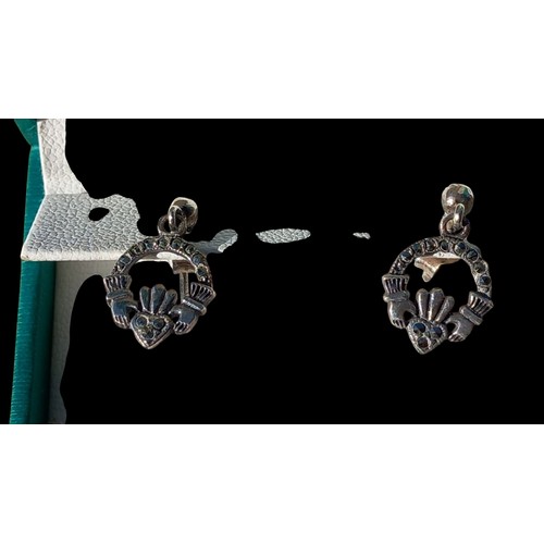 203 - A PAIR OF SILVER MARCASITE CLADDAGH  EARRINGS