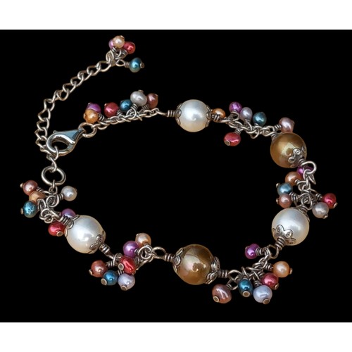 224 - A PEARL & MULTI BEADED SILVER BRACELET