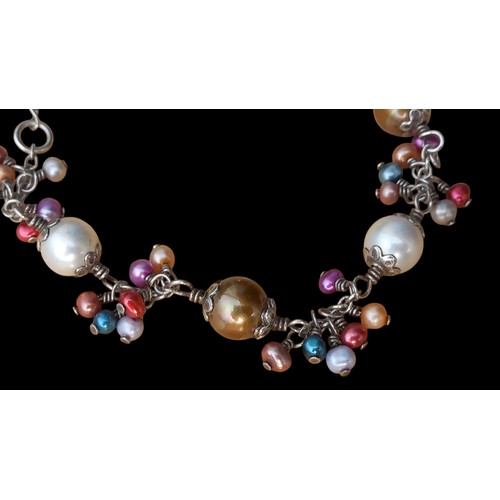 224 - A PEARL & MULTI BEADED SILVER BRACELET