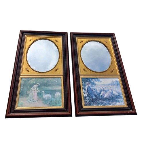 279 - A PAIR OF VICTORIAN STYLE  MAHOGNAY & GILT HALL MIRRORS WITH PRINTS TO BOTTOM 40X22.5