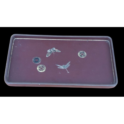 308 - A BEAUTIFUL CHINESE LAUQERED TRAY WITH BUTTERFLY & DRAGONFLY WITH MARKINGS MEASURES 12 x 6.5