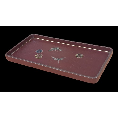 308 - A BEAUTIFUL CHINESE LAUQERED TRAY WITH BUTTERFLY & DRAGONFLY WITH MARKINGS MEASURES 12 x 6.5