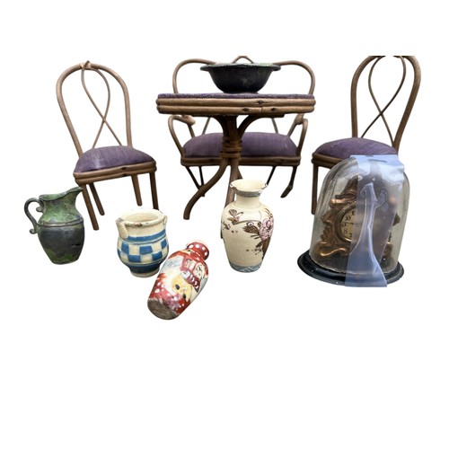 314 - A SELECTION OF VINTAGE DOLLS FURNITURE TABLE AND CHAIRS ,CLOCK, AND SOME VASE,S