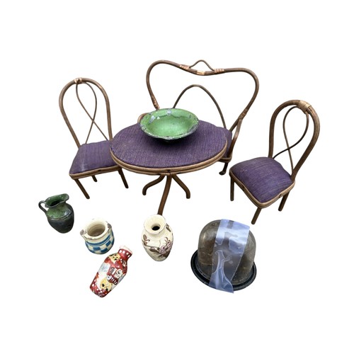 314 - A SELECTION OF VINTAGE DOLLS FURNITURE TABLE AND CHAIRS ,CLOCK, AND SOME VASE,S