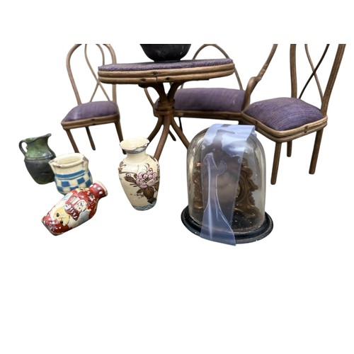 314 - A SELECTION OF VINTAGE DOLLS FURNITURE TABLE AND CHAIRS ,CLOCK, AND SOME VASE,S