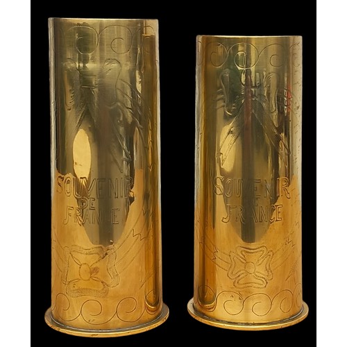 373 - AN ORNATE PAIR OF TRENCH ART VASE STAMPED RH M.F  MARZ 1917 DUSSELDORF 8