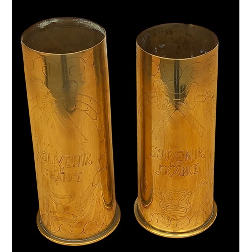 373 - AN ORNATE PAIR OF TRENCH ART VASE STAMPED RH M.F  MARZ 1917 DUSSELDORF 8