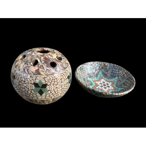 386 - A MOSAIC PATTERN  POTTERY BALL FLOWER HOLDER 4