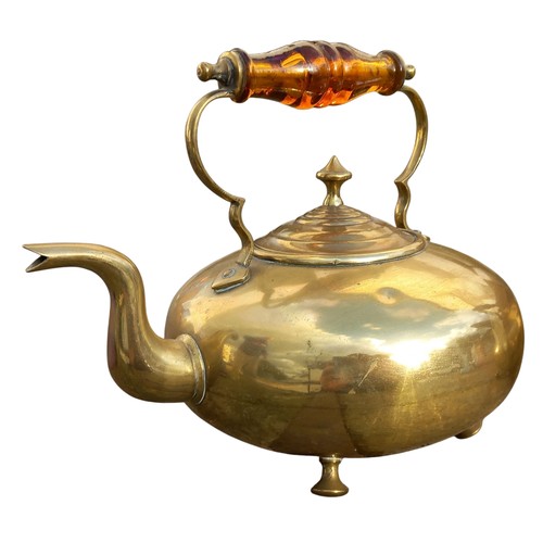 458 - 2 BRASS KETTLE ONE WITH AN AMBER HANDLE