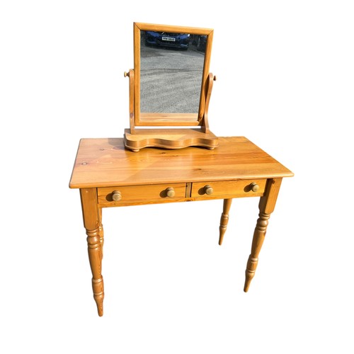 282 - A PINE SHAVING MIRROR ON TOP OF A PINE 2 DRAWER CONSOL TABLE