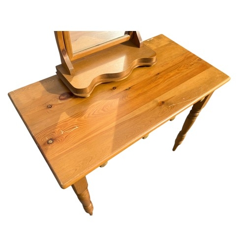 282 - A PINE SHAVING MIRROR ON TOP OF A PINE 2 DRAWER CONSOL TABLE