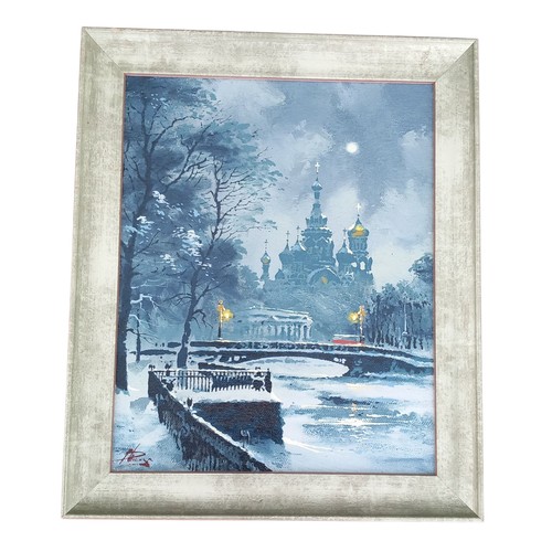147 - A SIGNED OIL ON BOARD NIGHT TIME IN RUSSIA 11x13