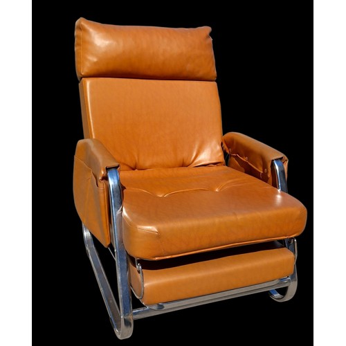 14 - BROWN LEATHER AND CHROME MID CENTURY RECLINER CHAIR