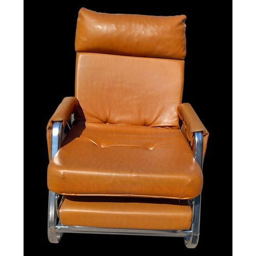 14 - BROWN LEATHER AND CHROME MID CENTURY RECLINER CHAIR