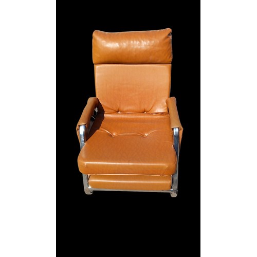 14 - BROWN LEATHER AND CHROME MID CENTURY RECLINER CHAIR