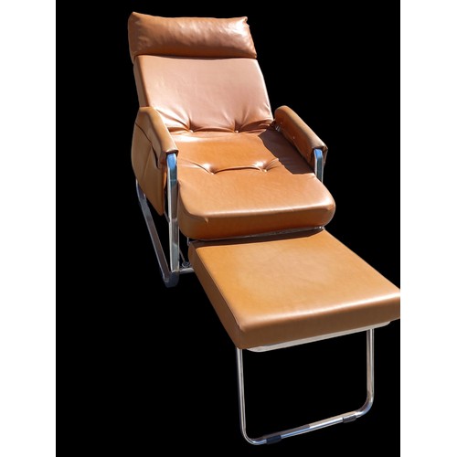 14 - BROWN LEATHER AND CHROME MID CENTURY RECLINER CHAIR