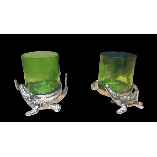 17 - A PAIR OF CHROMED CROCODILE CANDLE HOLDERS WITH GREEN GLASS 7