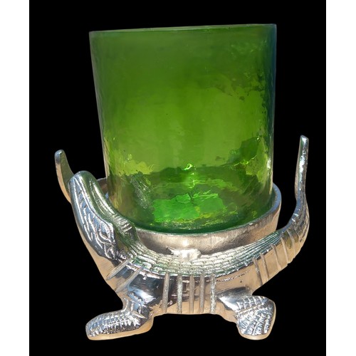 17 - A PAIR OF CHROMED CROCODILE CANDLE HOLDERS WITH GREEN GLASS 7