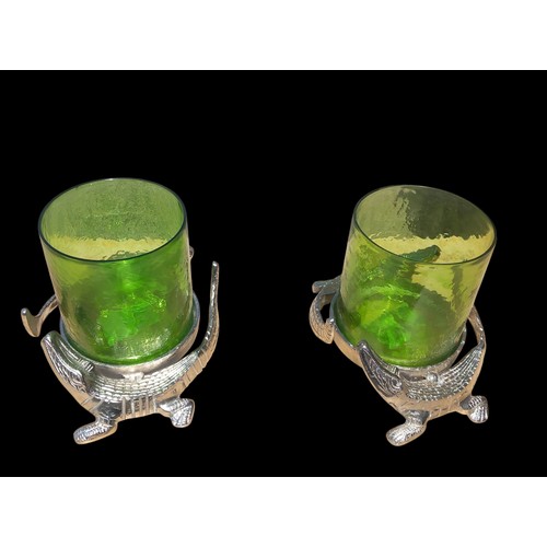 17 - A PAIR OF CHROMED CROCODILE CANDLE HOLDERS WITH GREEN GLASS 7