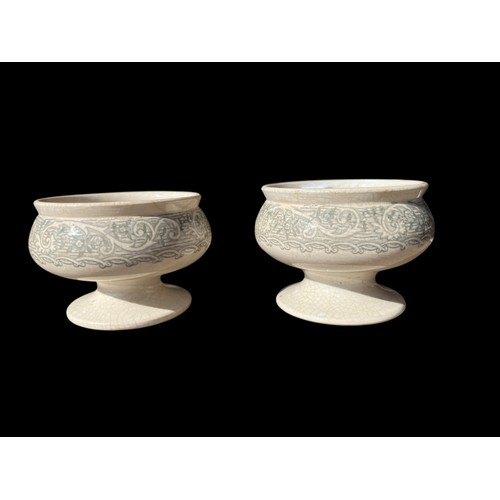 46 - 2 ANTIQUE OPEN POTTERY SALTS BY ADAMS