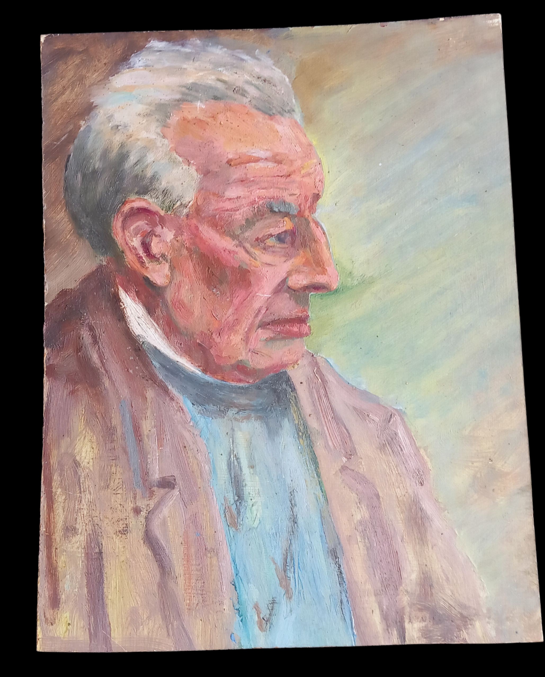 A PORTRAIT PAITNING ON BOARD AND COTTAGE SCENE ON REVERSE