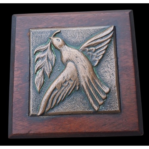 99 - A VINTAGE COPPER REPOUSE PLAQUE OF DOVE WITH OLIVE BRANCH SYMBOL OF PEACE 6