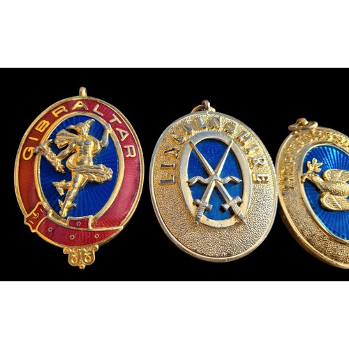 234 - A LOT OF 5 GILT METAL AND ENAMEL FOBS OF LARGE SIZE