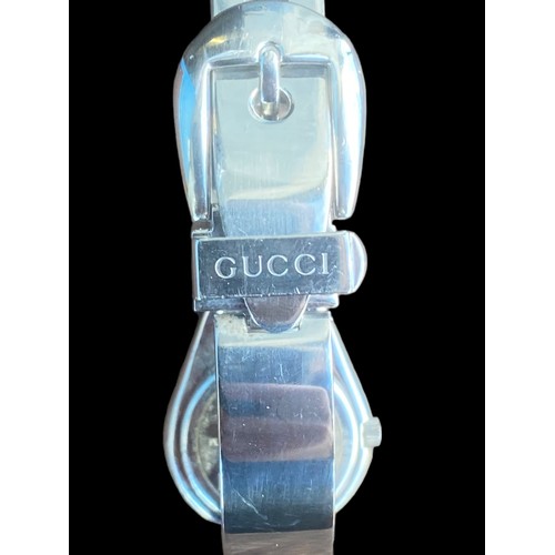 235 - LADIES GUCCI STAINLESS STEEL BANGLE WATCH FEATURE CLASP ,MIRROR PLAIN DIAL  QURTZ AND WORKING SAPPHI... 